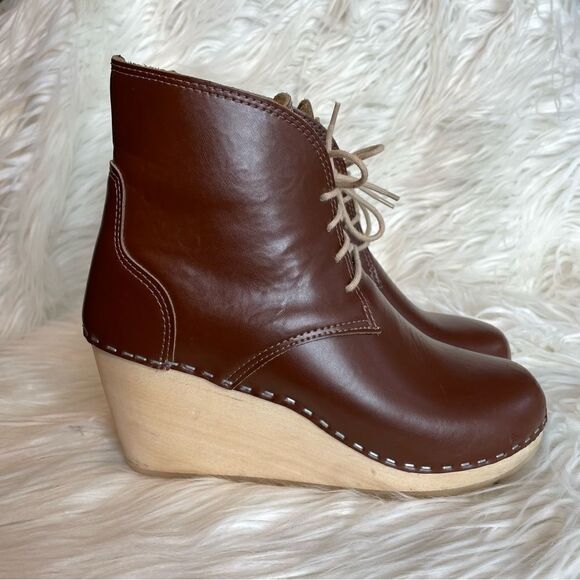Maguba Leather Wood Wedge Clog‎ Wedge Boot Chocolate Brown Women’s 38 8 - Picture 2 of 12